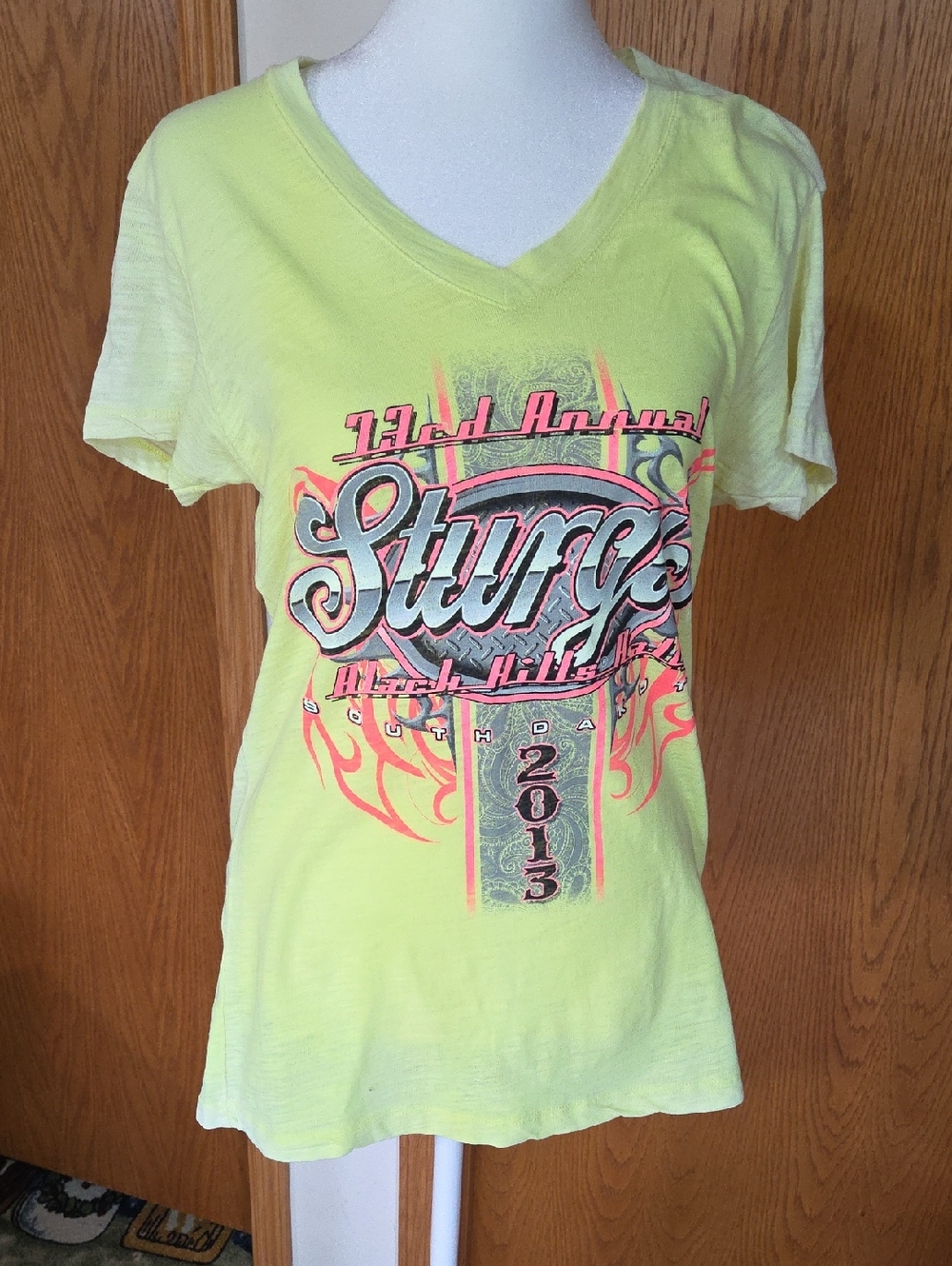 #15 Sturgis 2013 Graphic V-Neck Tee - Neon Yellow
